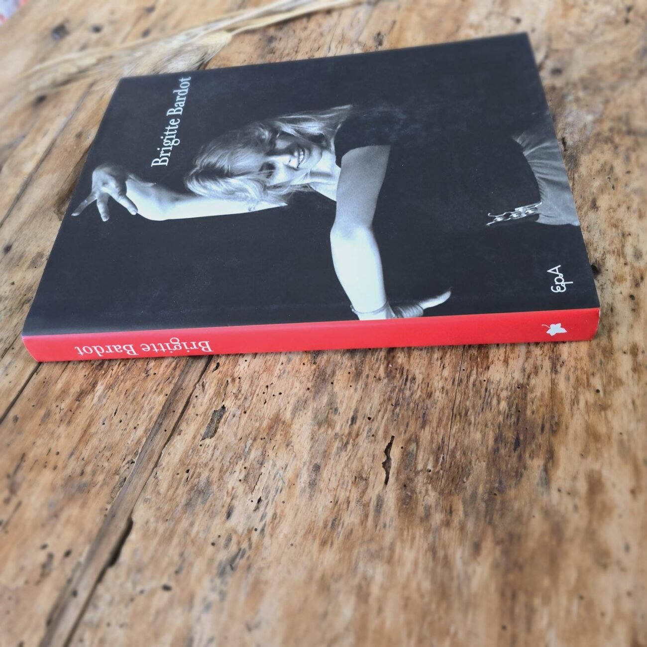 Couverture du livre "Brigitte Bardot", vue de la tranche de couleur rouge