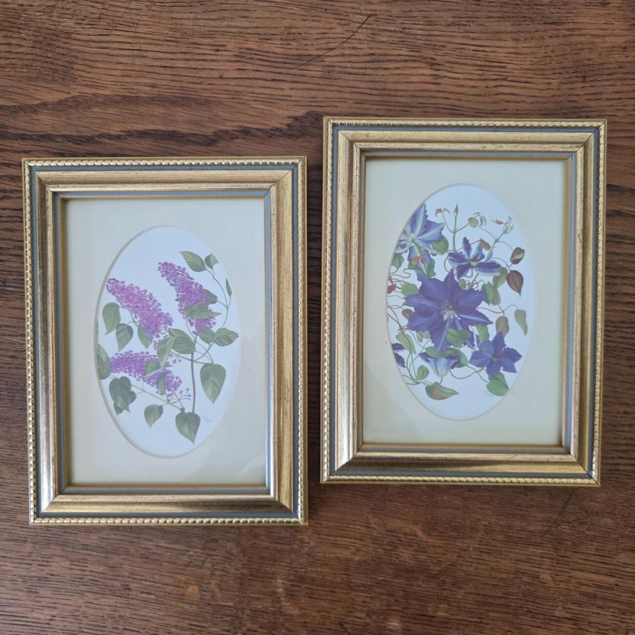Lot de deux petits cadres dorés sous verre avec illustrations florales V. Mappin