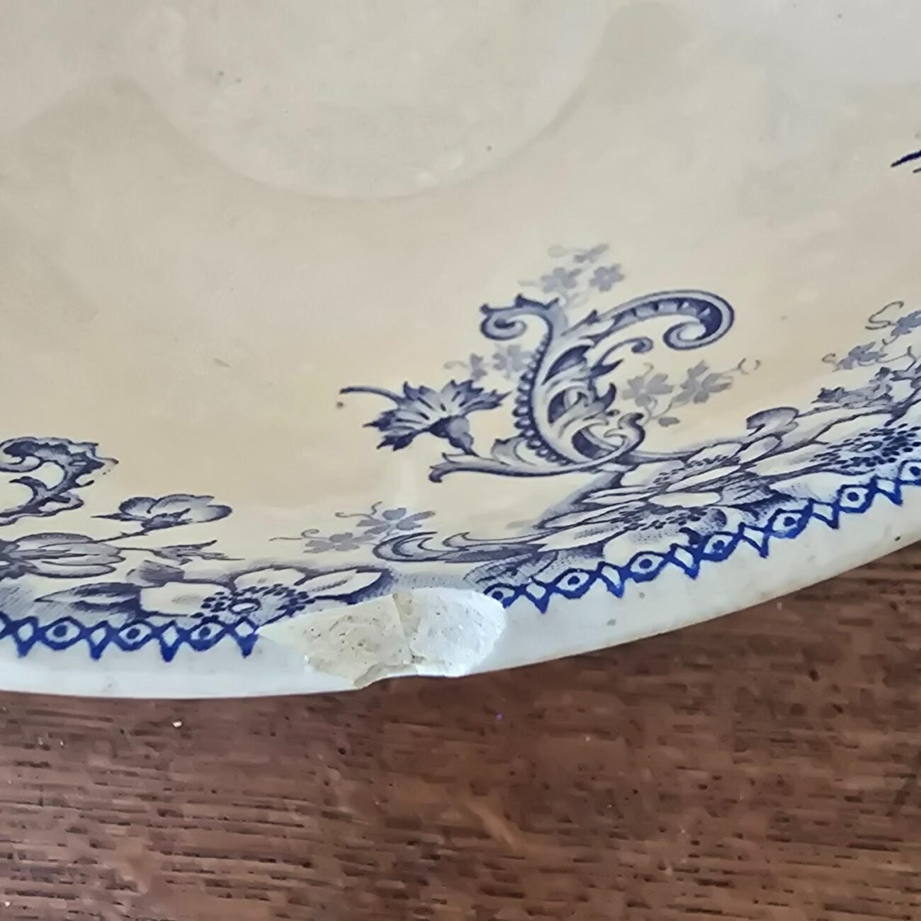 Détail d’une ébréchure sur le bord du saladier – patine et décor visibles