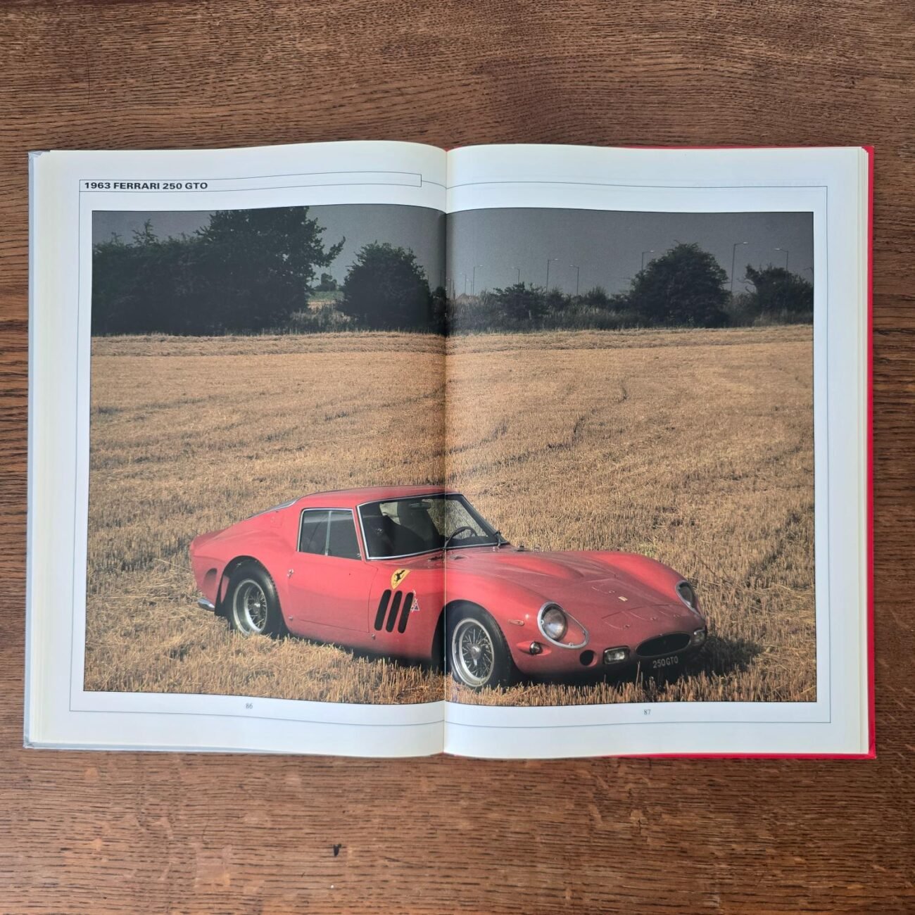 Double page intérieure présentant une Ferrari ancienne dans un champ